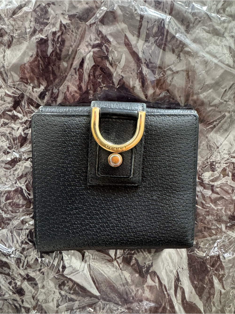 Gucci Black Pebbled Leather Wallet with Gold D-Ring Accent